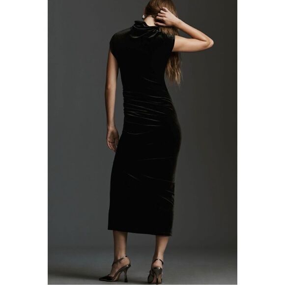 NEW Anthropologie Maya Black Ruched Cowl-Neck Velvet Side-Slit Lined Maxi Dress - Picture 3 of 7